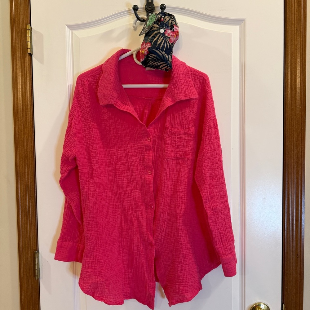SET! Shade & Shore Womens XL Hot Pink Long Sleeve Krinkle Top + NWT Tote